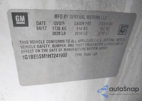 2017 Chevrolet Cruze Lt Auto from USA, damaged, VIN 1G1BE5SM1H7241908